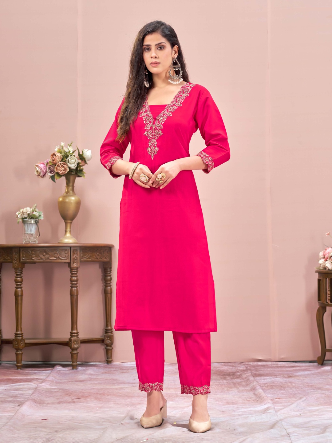 

Raave Floral Embroidered V-Neck Sequinned Straight Kurta With Trousers, Pink