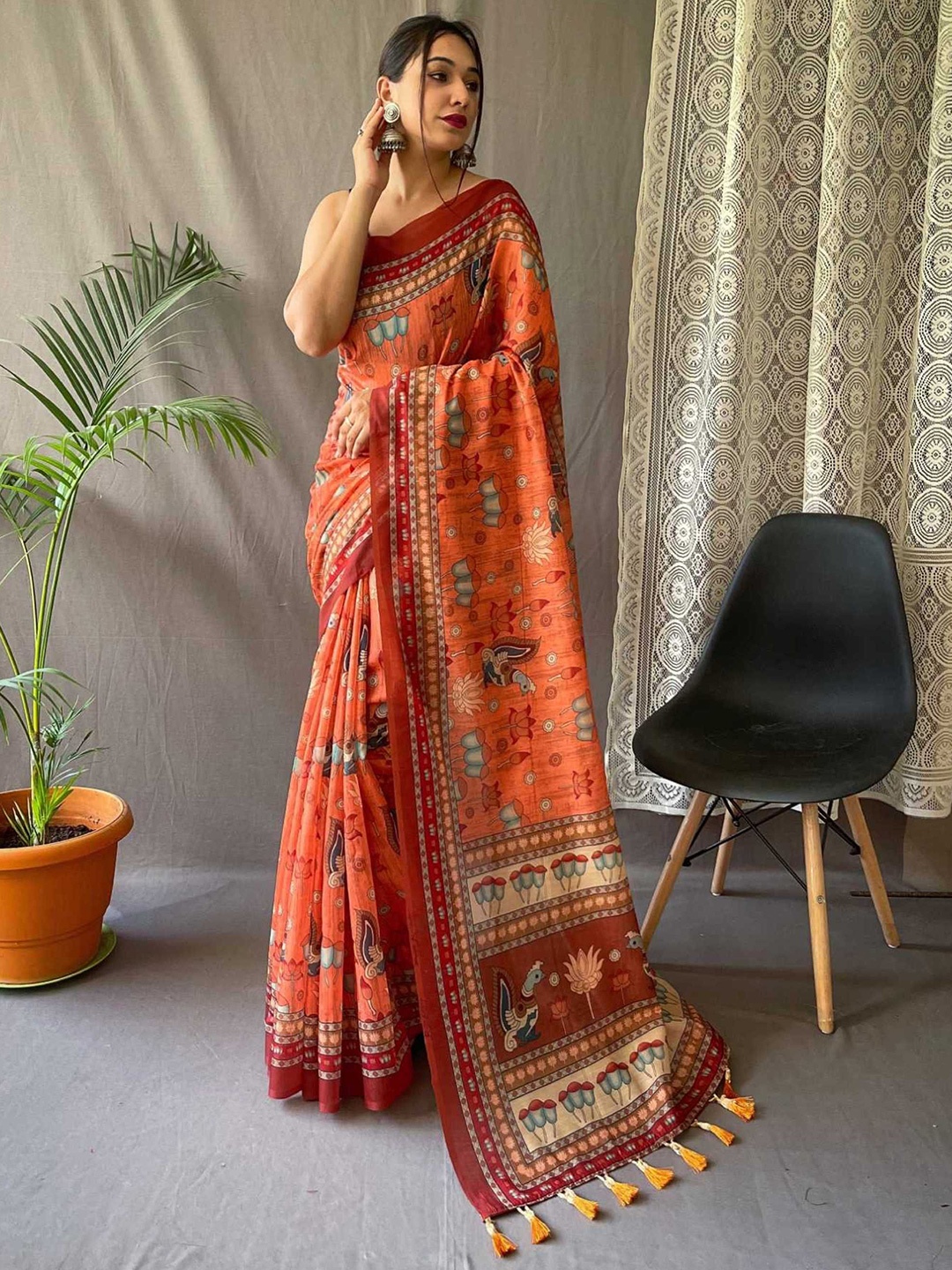 

DIVASTRI Kalamkari Printed Designer Saree, Orange