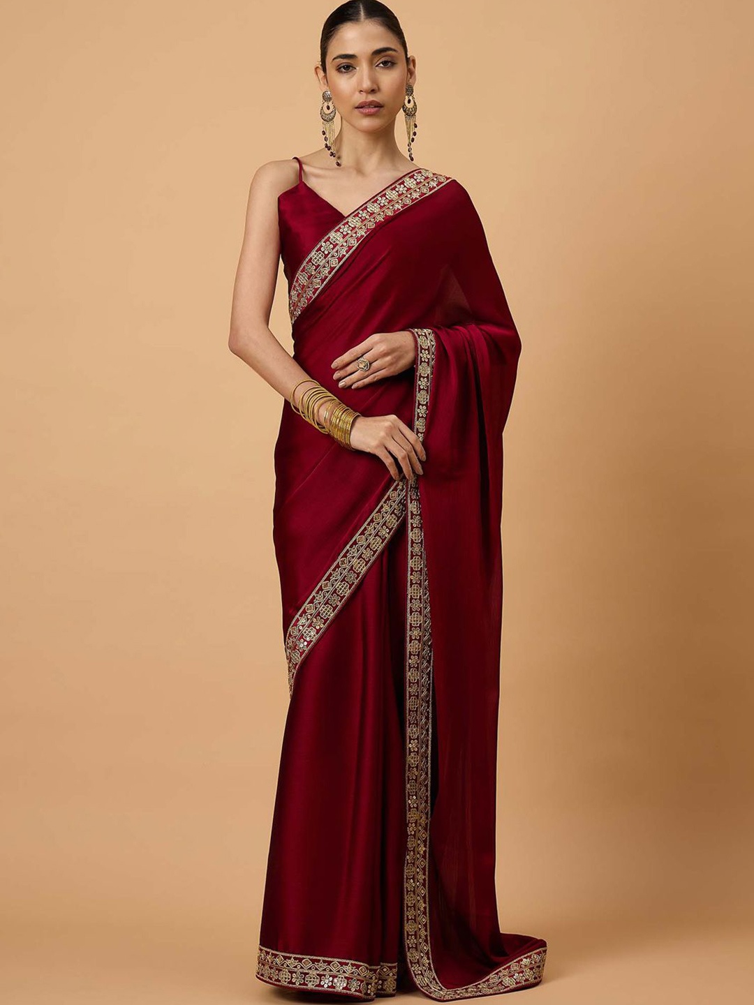 

all about you Satin Embellished Border Saree, Maroon