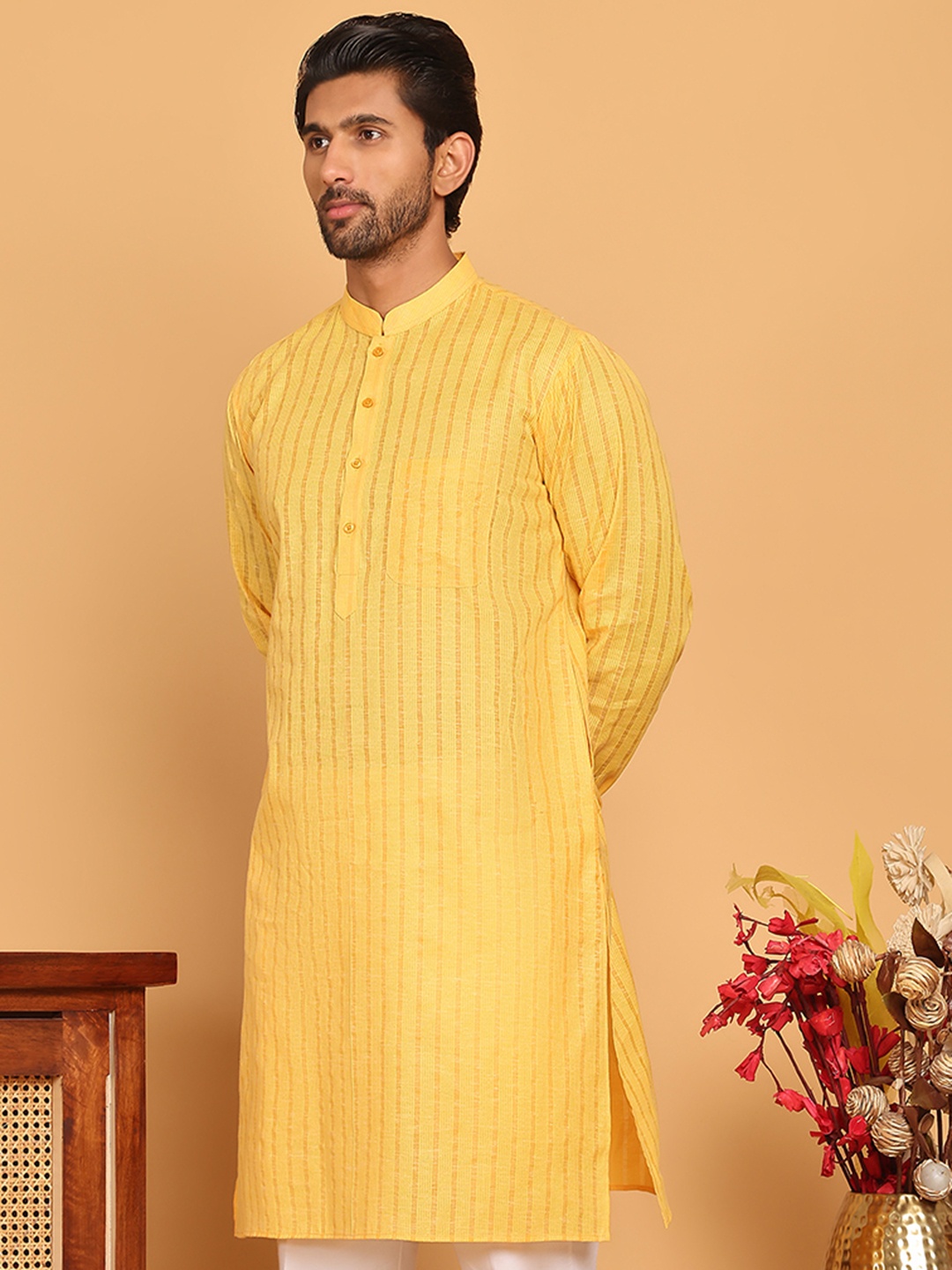 

Jompers Striped Mandarin Collar Pure Cotton Straight Kurtas, Yellow