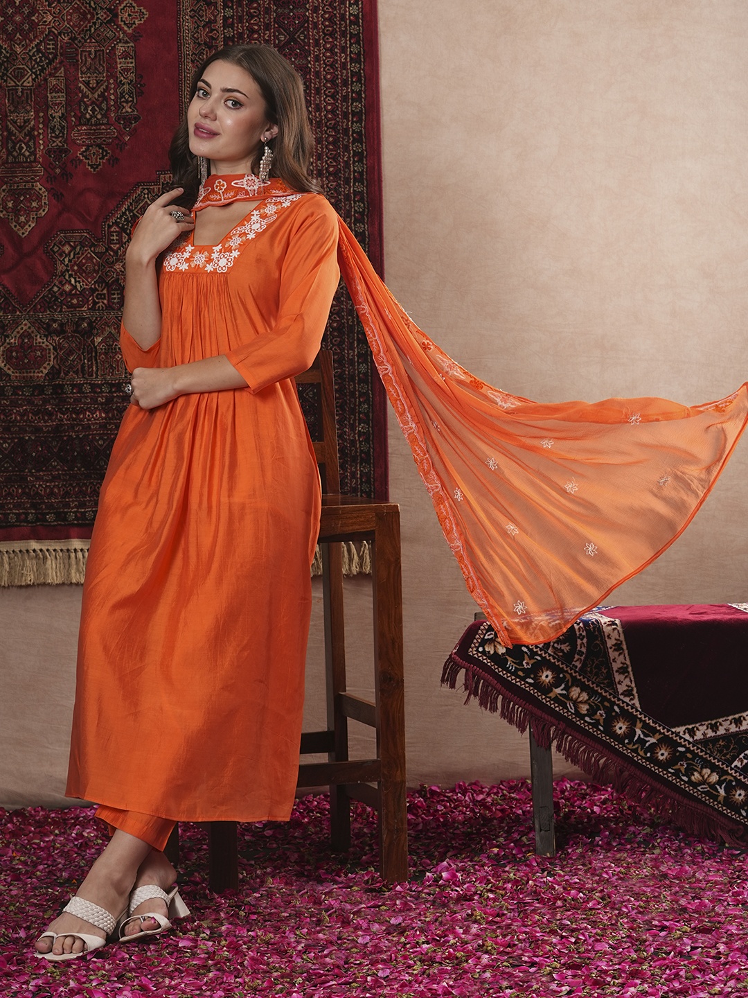 

DIVASTRI Floral Embroidered Kurta With Trousers & Dupatta, Orange