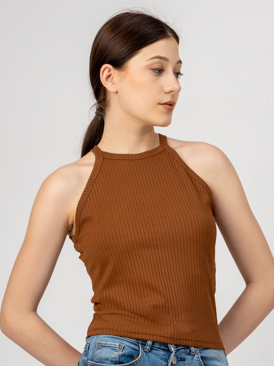 

PYR8 Women Ribbed Ribbed Shoulder Straps Top, Coffee brown