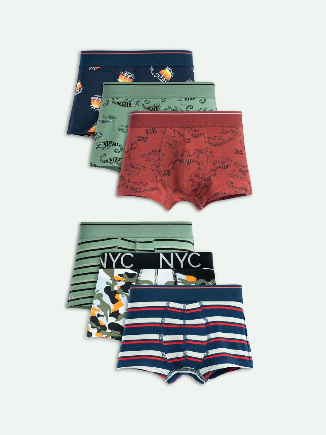

ariel Boys Pack Of 6 Assorted Printed Trunks AR-BT-P6-lizdinoaop_green_str