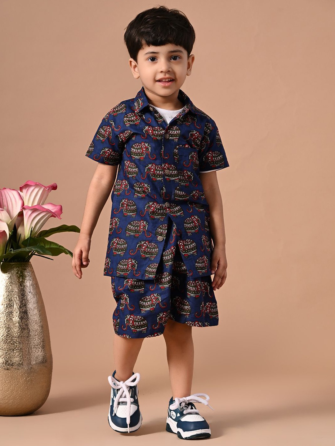 

MoMaa Boys Printed Short Sleeves Pure Cotton Shirt With Shorts, Blue