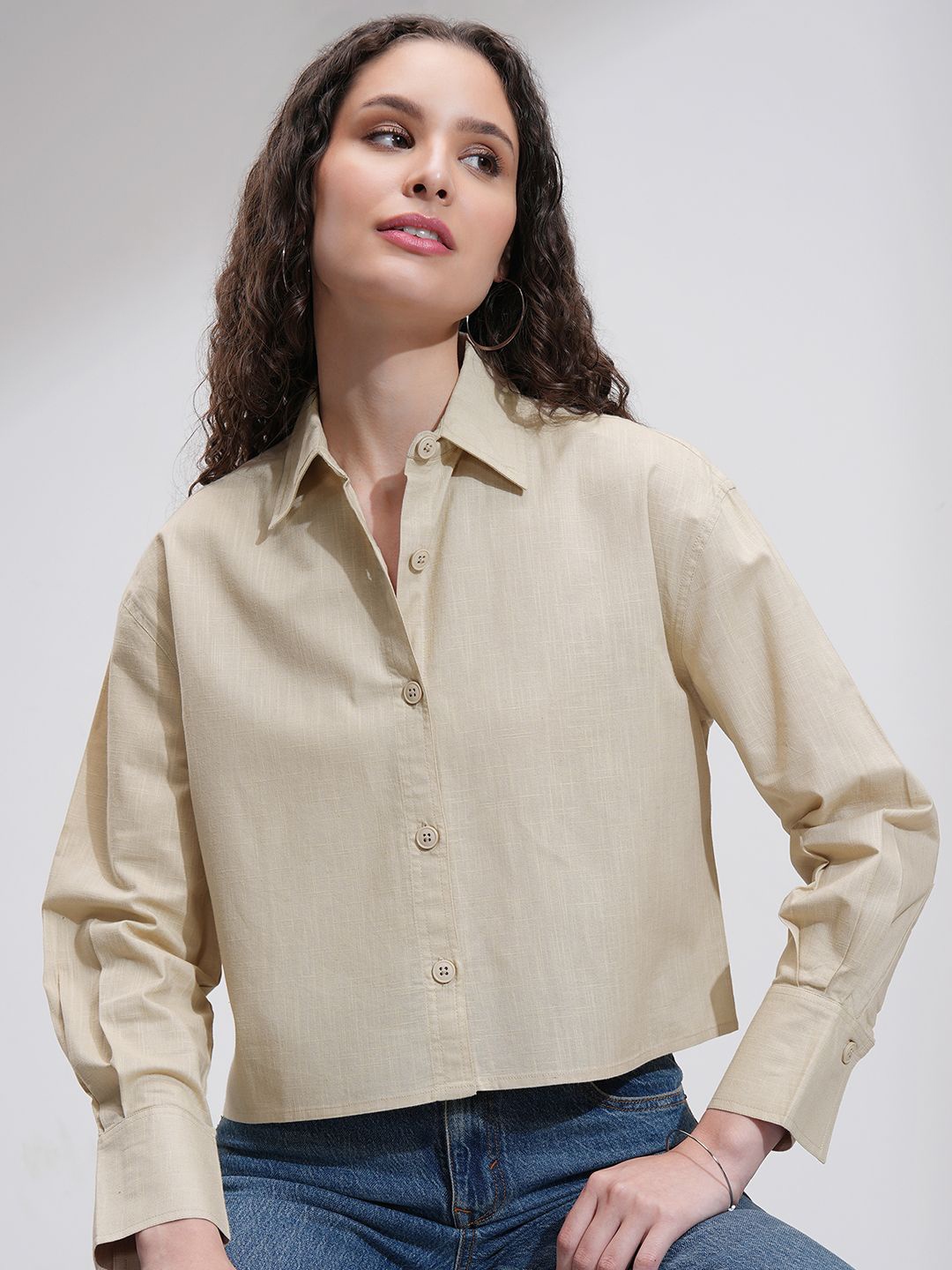 

Tokyo Talkies Women Button Down Drop Shoulder Cotton Shirt, Beige