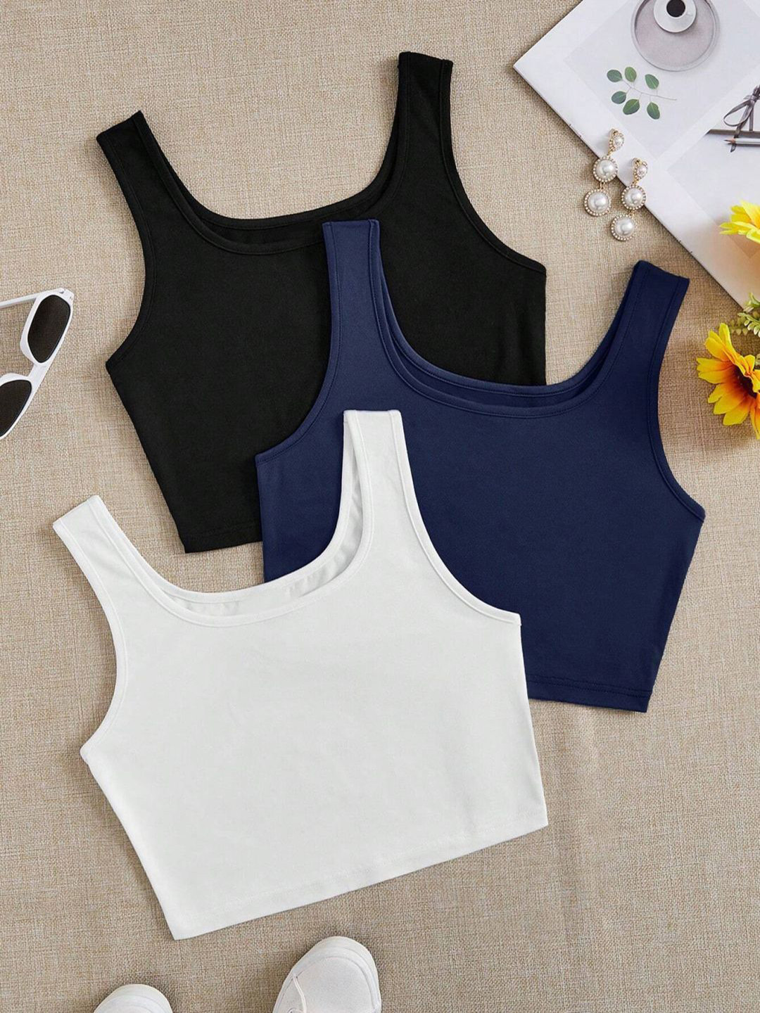

BAESD Women Pack of 3 Ribbed Tank Crop Top, Black