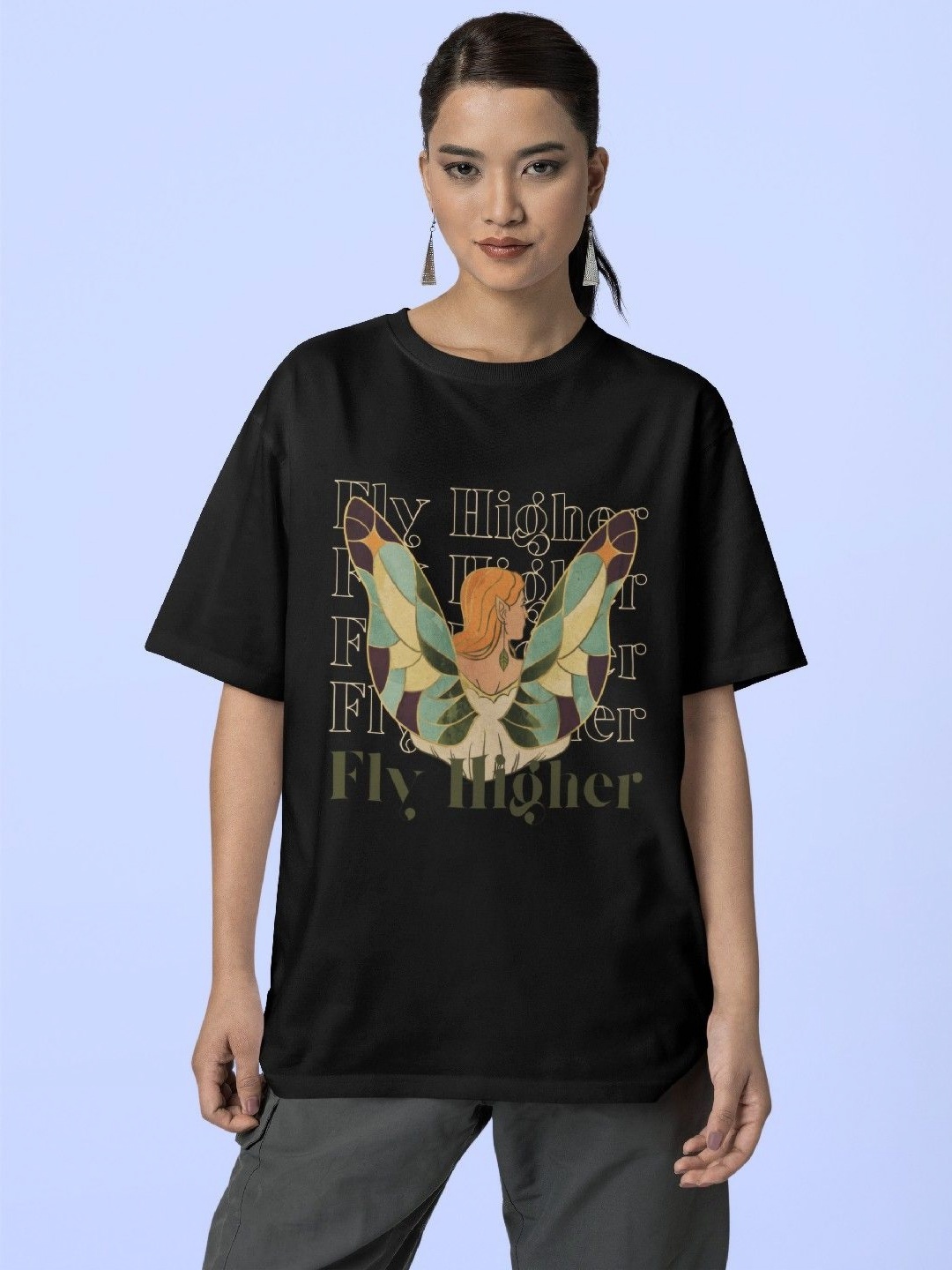 

Reifica Women Graphic Printed Round Neck Cotton Oversized T-shirt, Black