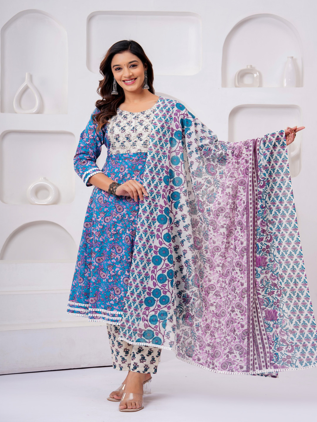 

CHIRAAI Paisley Printed Thread Work Pure Cotton A-Line Kurta With Pyjamas & Dupatta, Blue