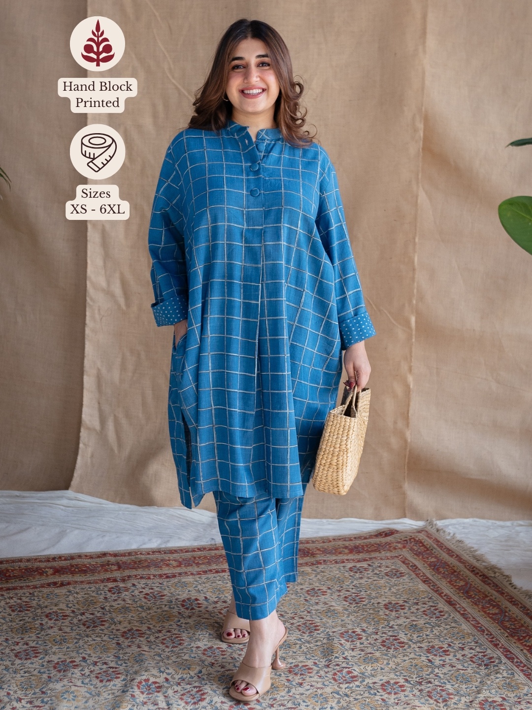 

THE INDIAN ETHNIC CO Blue Loose Dabu Slub Cotton Tunic & Palazzos Co-Ord Set