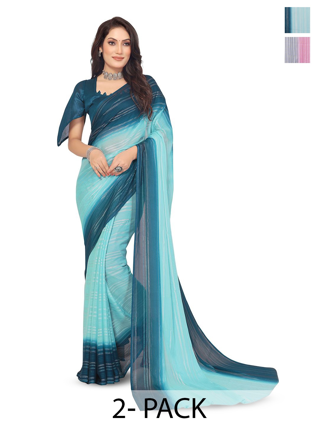 

Moda Rapido Set of 2 Striped Satin Sarees, Blue