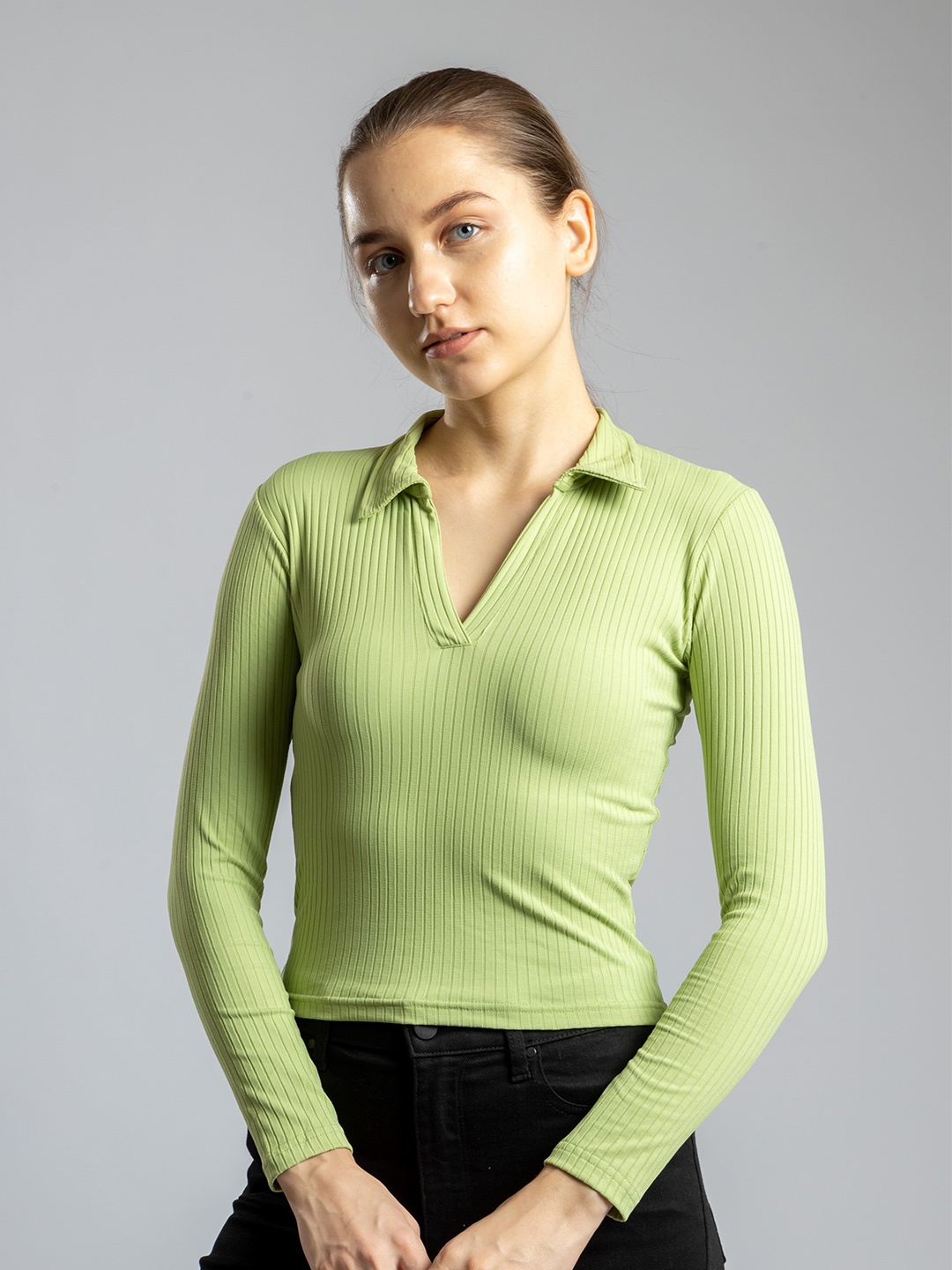 

PYR8 Women Ribbed Shirt Collar Fitted Top, Olive