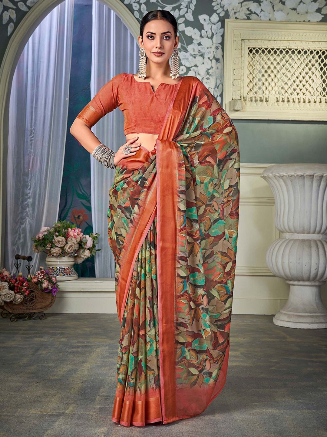 

Mitera Floral Zari Pure Chiffon Designer Muga Saree With Blouse Piece, Beige