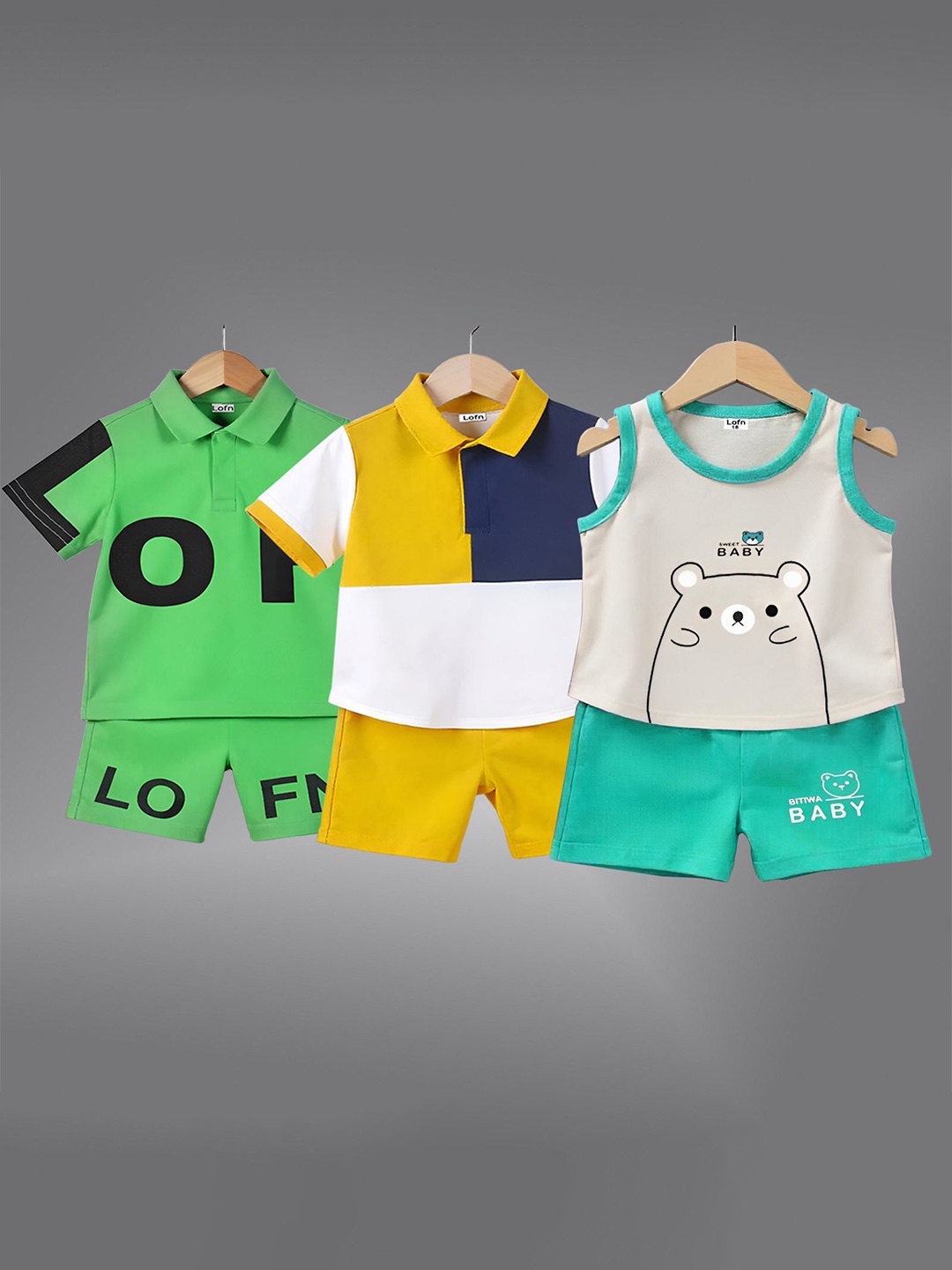 

Lofn Kids Pack Of 3 Colourblocked Short Sleeves T-Shirt With Shorts, Green
