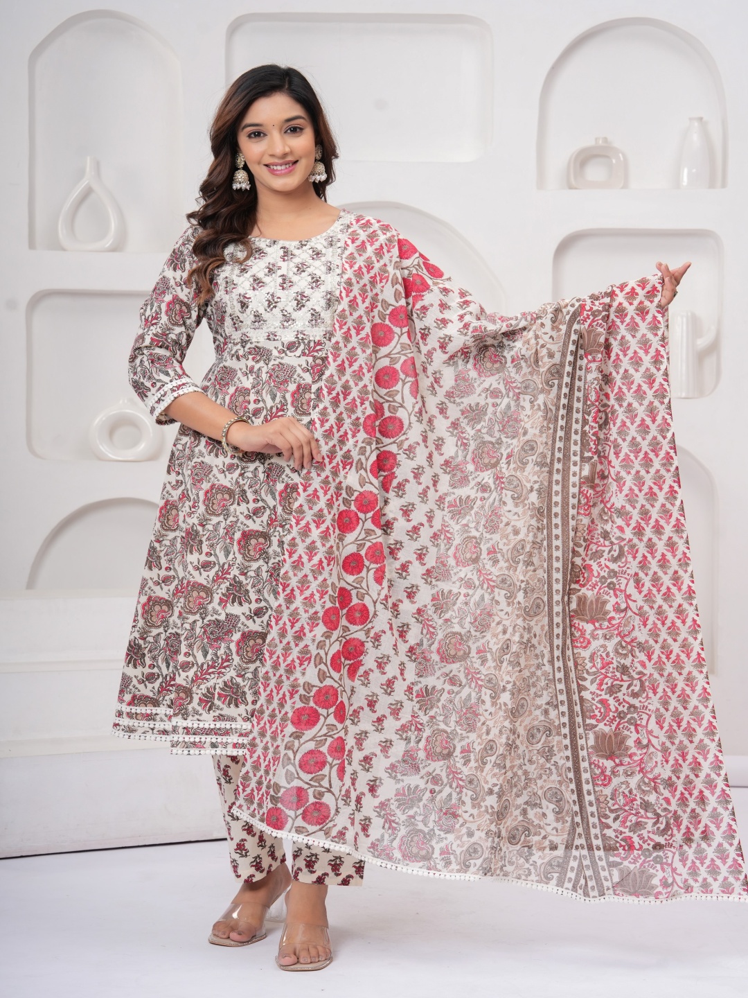 

kipek Floral Printed Pure Cotton Anarkali Kurta With Trousers And Dupatta, Red