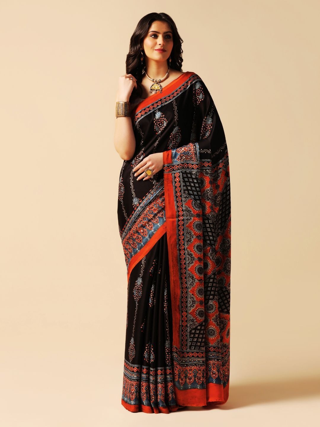 

ADITRI Modal Silk Handprinted Ajrakh Saree, Black