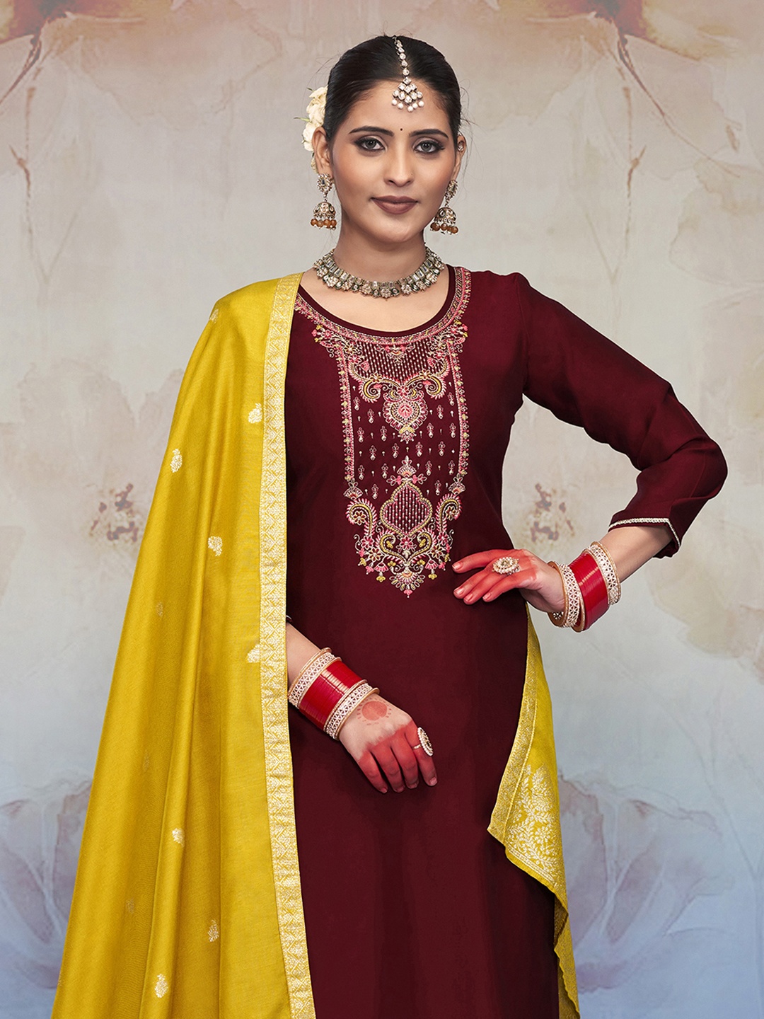 

Anouk Maroon Ethnic Motifs Embroidered Unstitched Dress Material