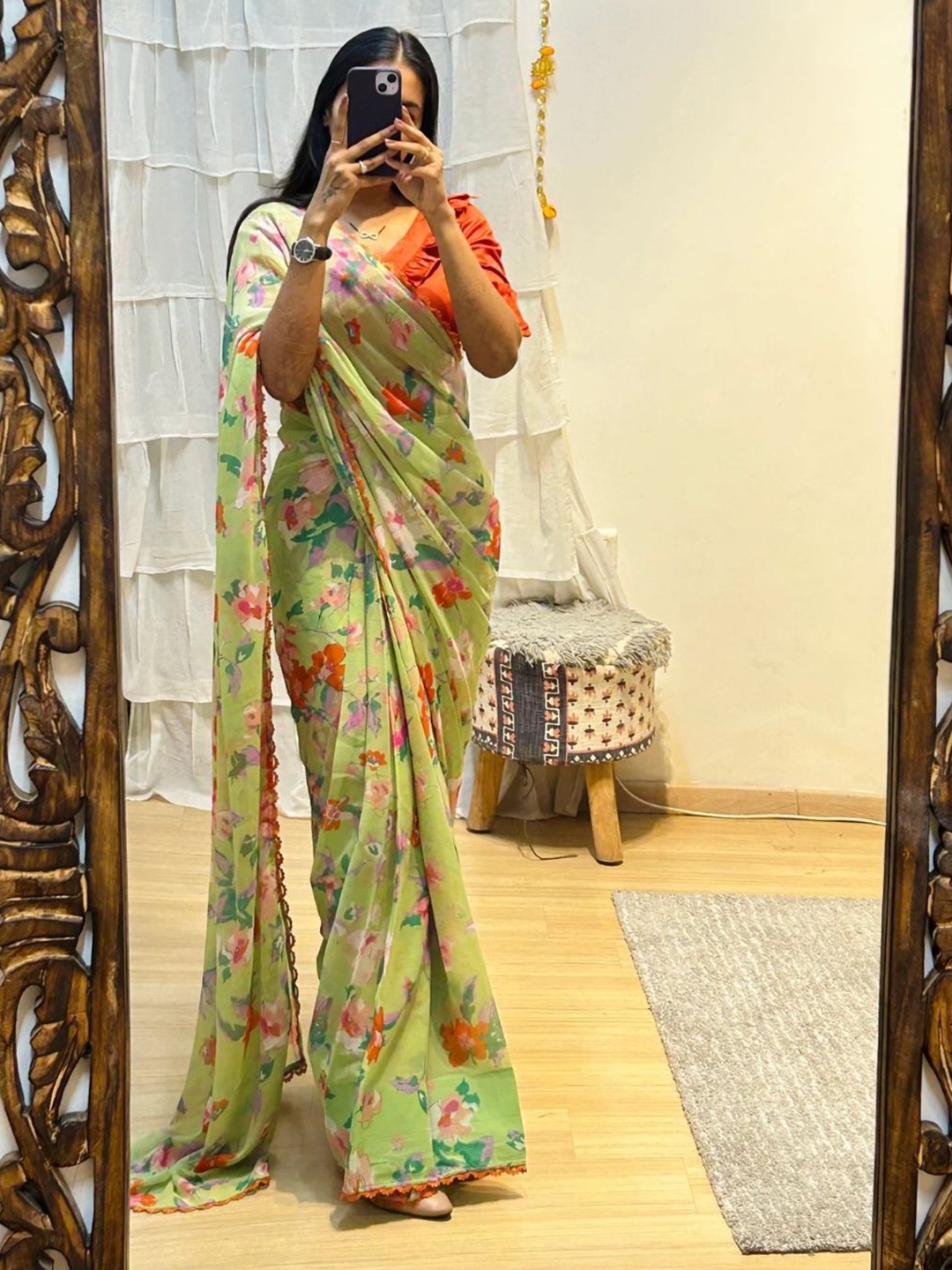 

Sidhidata Floral Printed Pure Georgette Ready to Wear Saree, Green