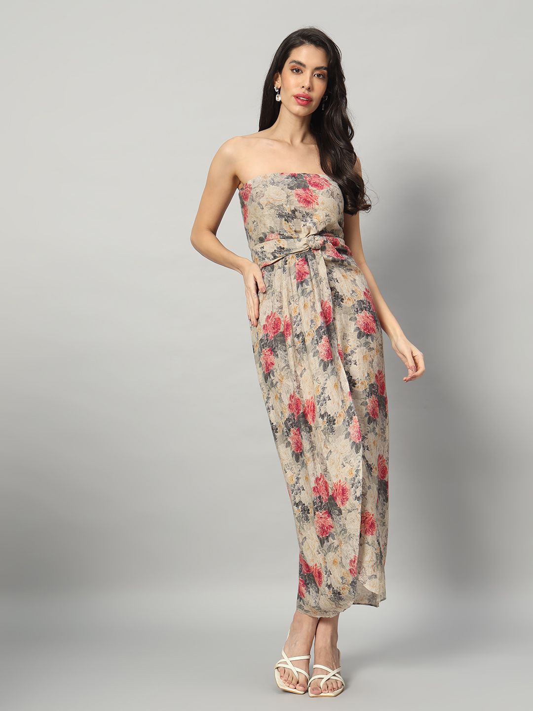 

BRIJAL LAD Floral Print Linen Bandeau Midi Dress, Beige