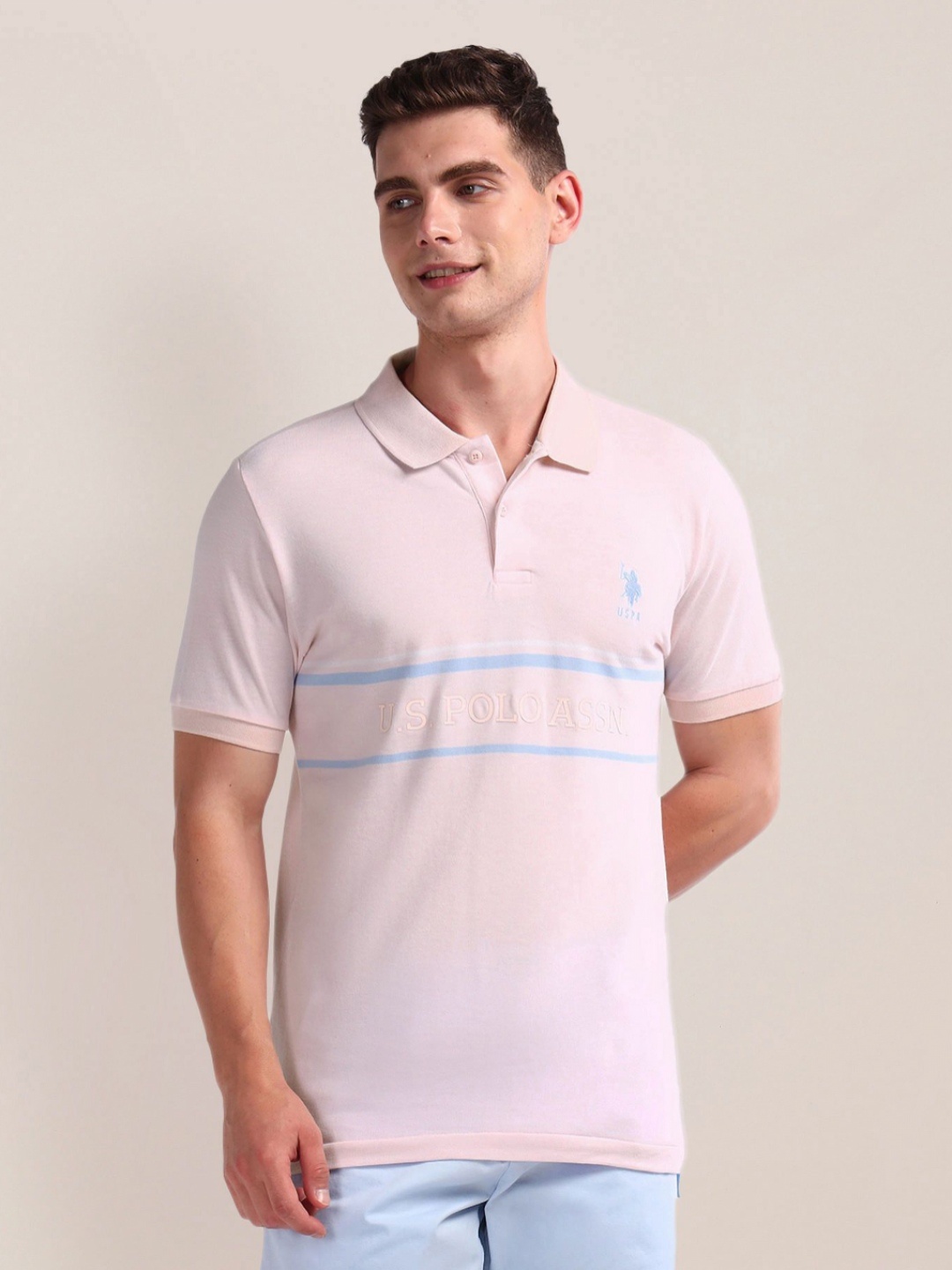 

U.S. Polo Assn. Men Striped Polo Collar Cotton T-shirt, Pink