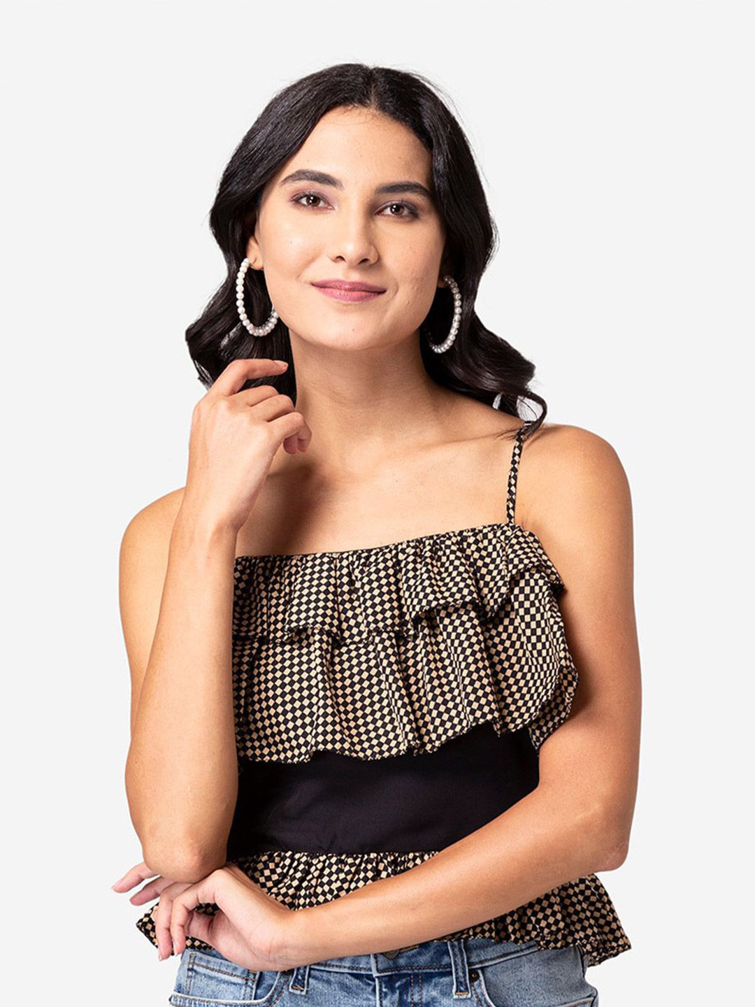 

DressBerry Checked Crepe Tiered Top, Black