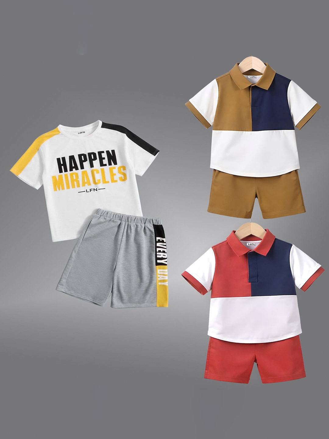 

Lofn Kids Pack Of 3 Colourblocked Pure Cotton T-Shirts With Shorts, White