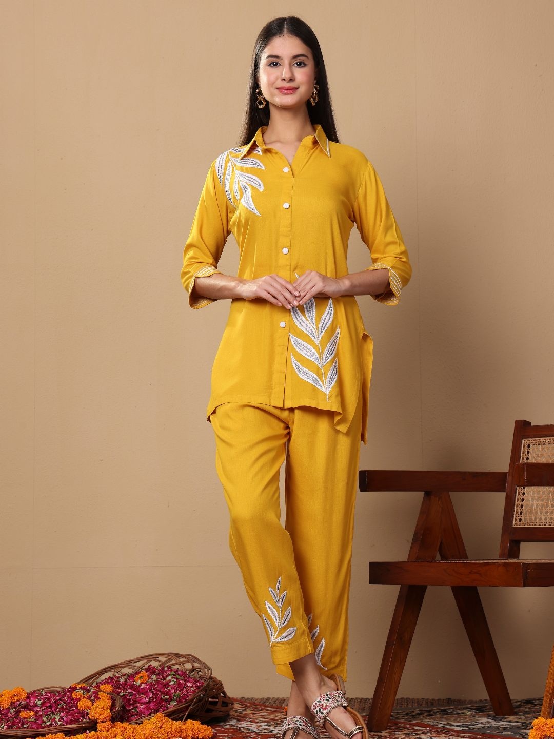 

Lative Colours of Fashion Floral Embroidered Shirt And Trouser, Mustard