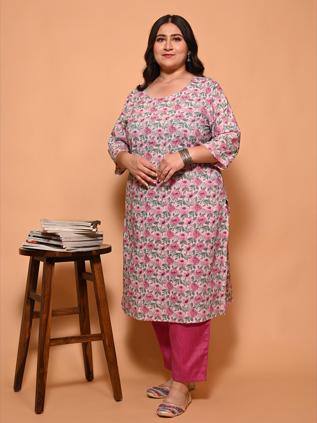 

GATIM Plus Size Floral Printed Round Neck Pure Cotton Straight Kurta, Pink