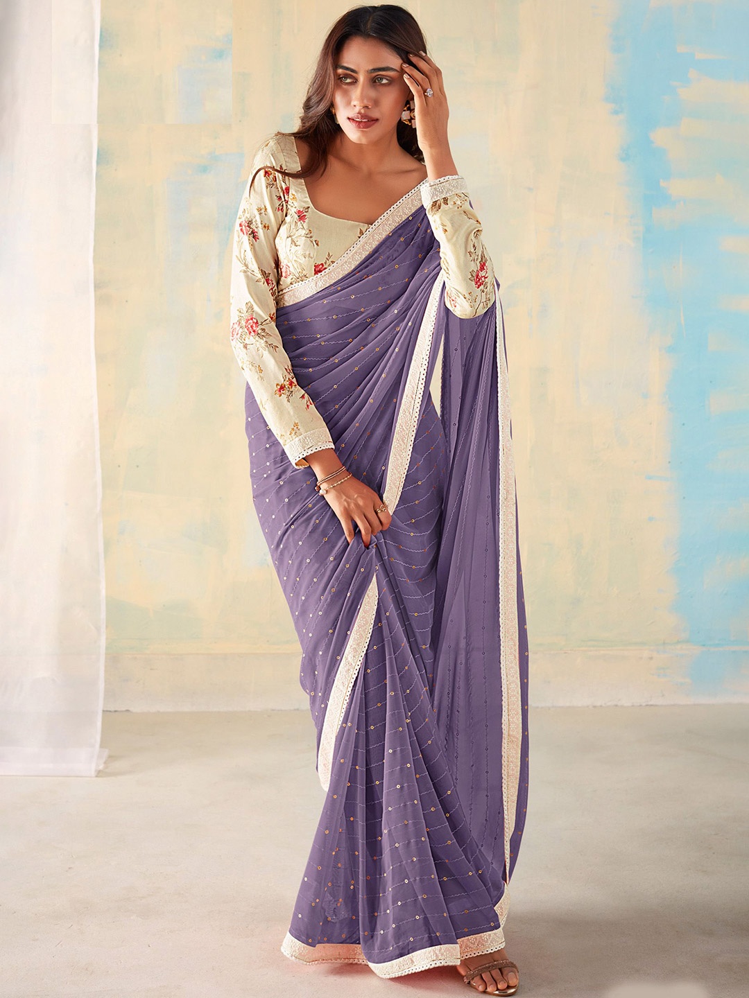 

DIVASTRI Embellished Poly Georgette Designer Saree, Lavender
