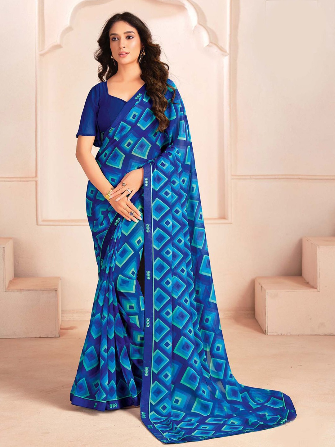 

House Of Pataudi Printed Saree With Blouse, Navy blue