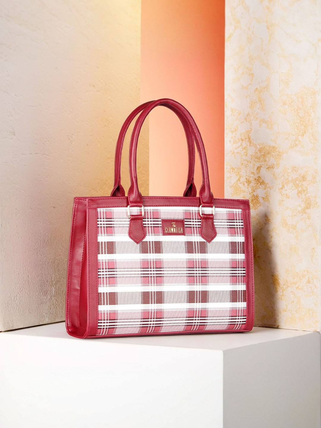 

THE CLOWNFISH Women Alvis Checked Structured Leather Handheld Bag, Maroon