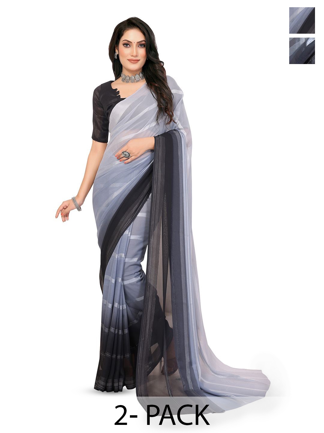 

Moda Rapido Set of 2 Striped Satin Sarees, Grey