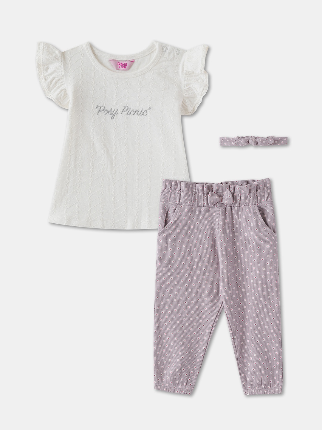 

R&B Girls Printed Pure Cotton Top With Trousers, White