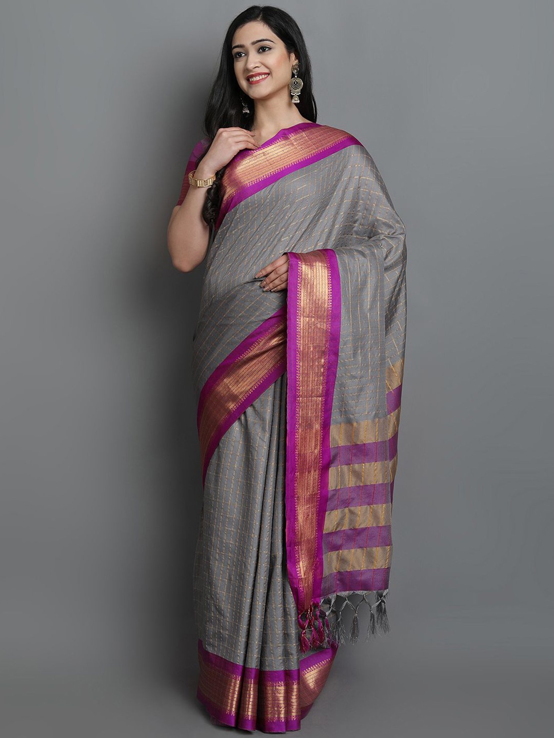 

DIVASTRI Woven Design Zari Dharmavaram Saree, Grey