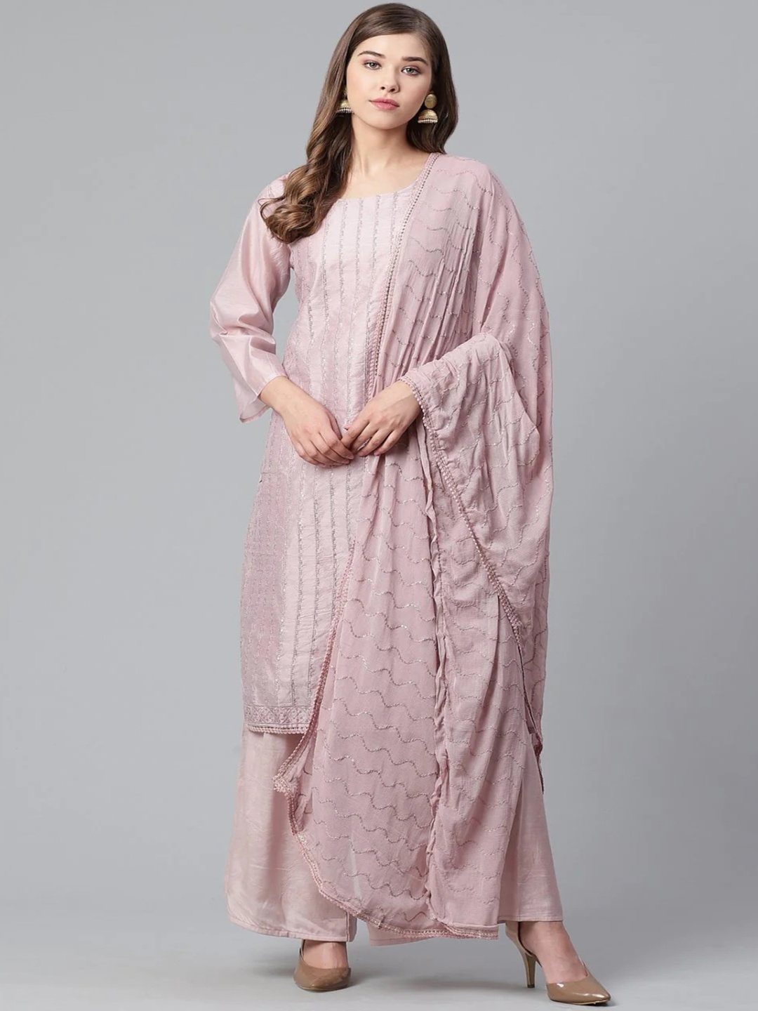 

DIVASTRI Striped Embroidered Sequnnied Straight Kurta With Trousers And Dupatta, Pink