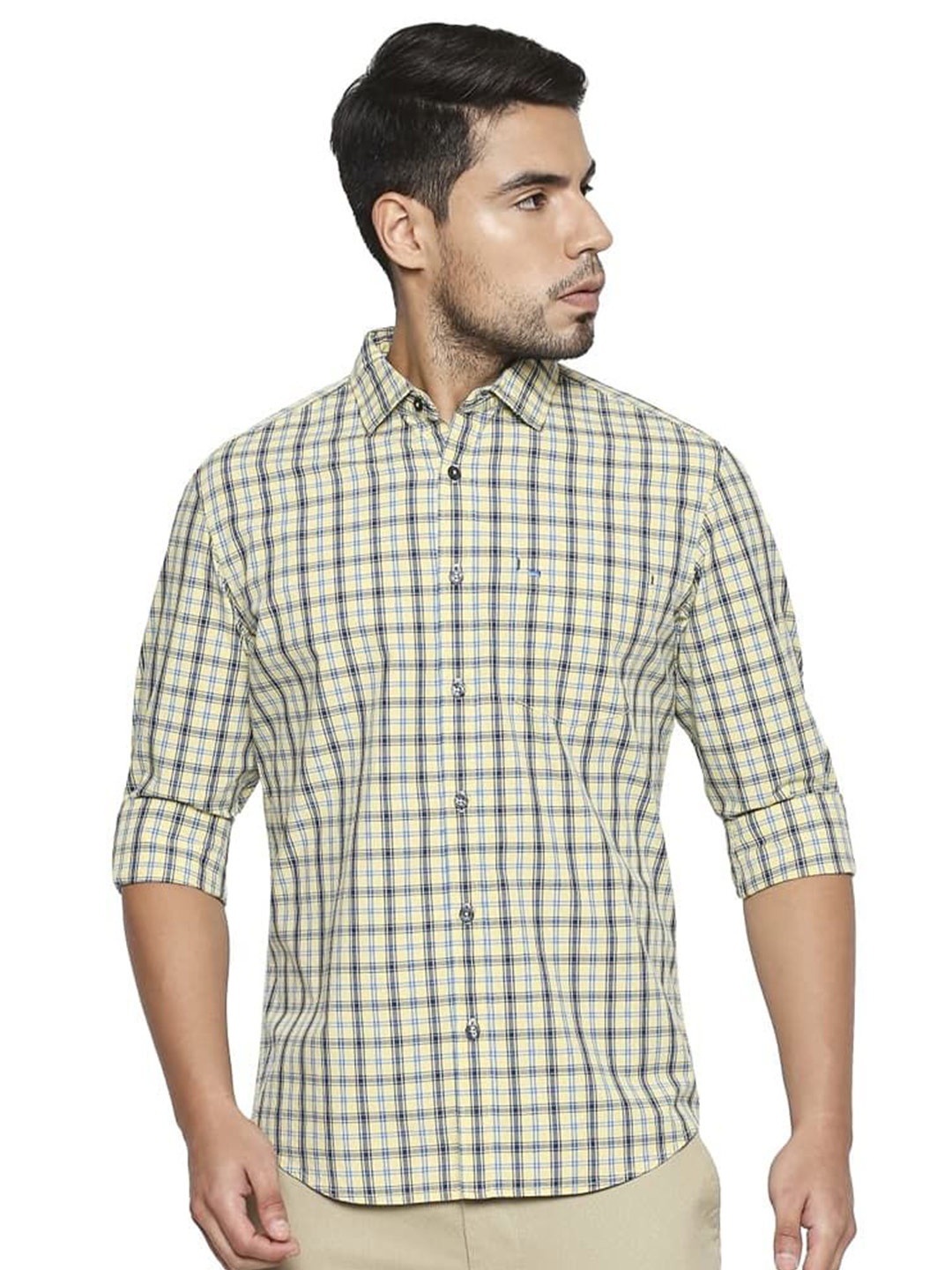 

Basics Men Relaxed Fit Spread Collar Checked Cotton Casual Shirt, Yellow