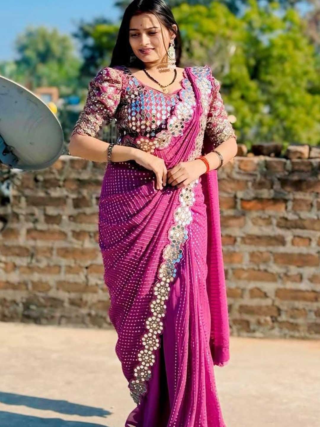 

MANSUBHA Embellished Beads and Stones Pure Georgette Designer Banarasi Saree, Pink
