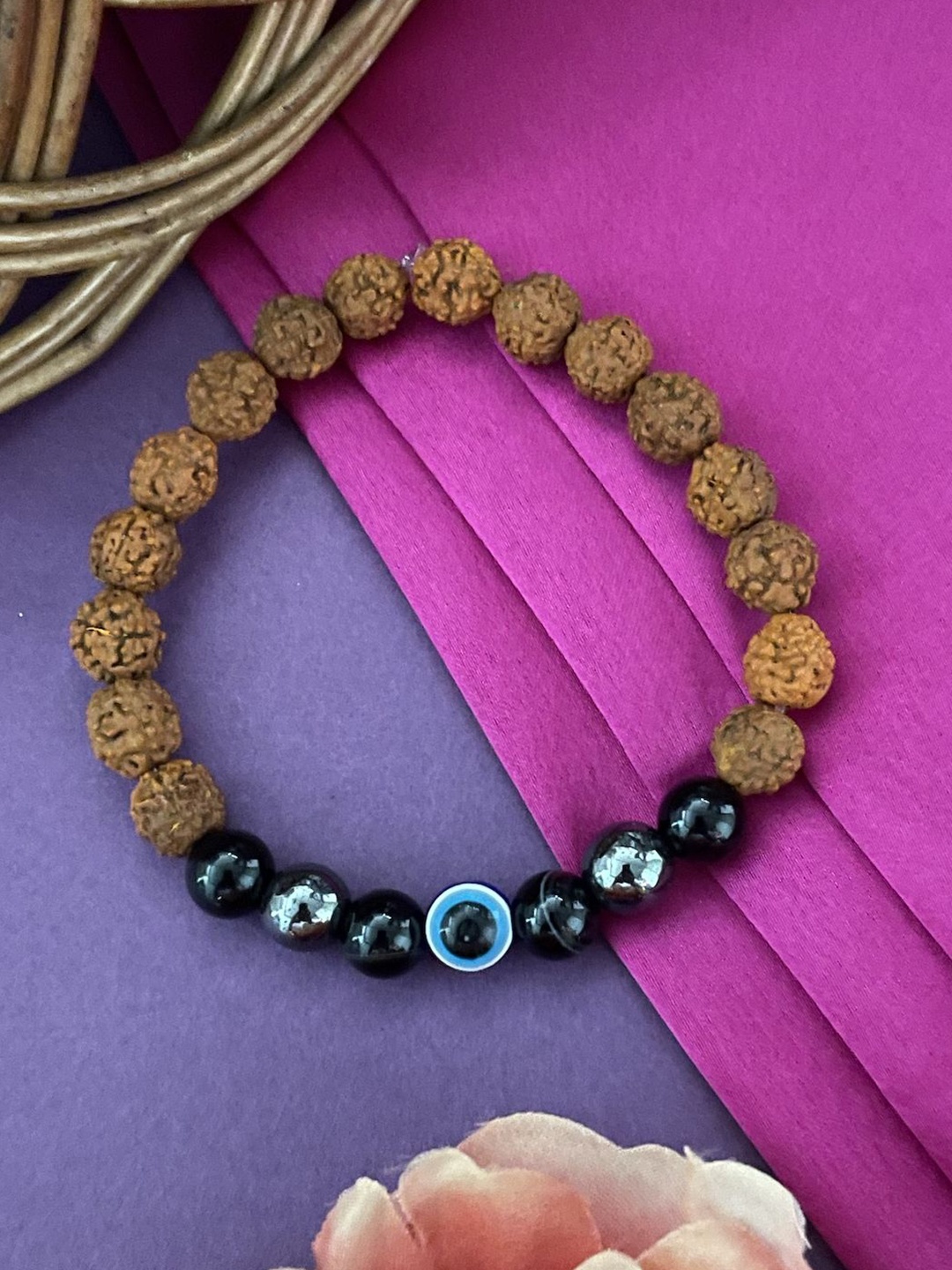 

Digital Dress Room Evil Eye Rudraksha Crystals Wraparound Bracelet, Silver