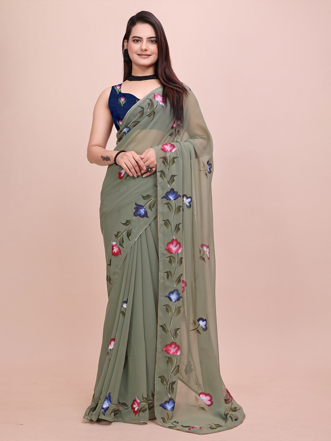 

Avojee Floral Printed Gotta Patti Saree, Olive