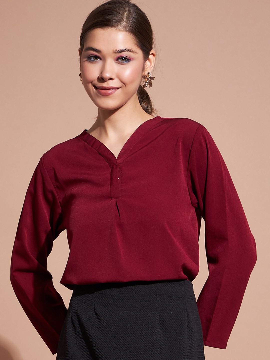 

DressBerry Slit Sleeve Crepe Blouson Top, Maroon