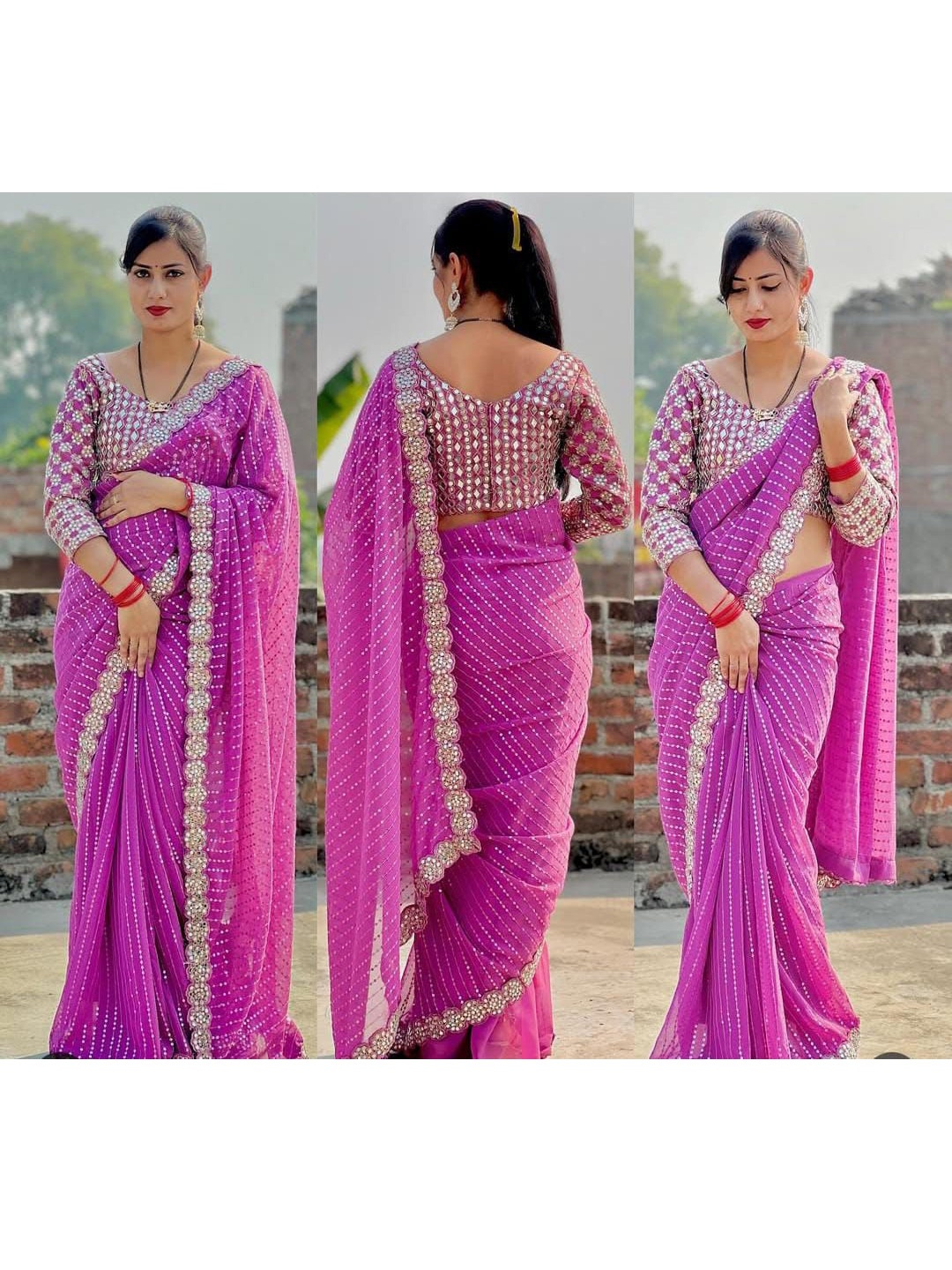 

MANSUBHA Embellished Embroidered Pure Georgette Saree, Pink