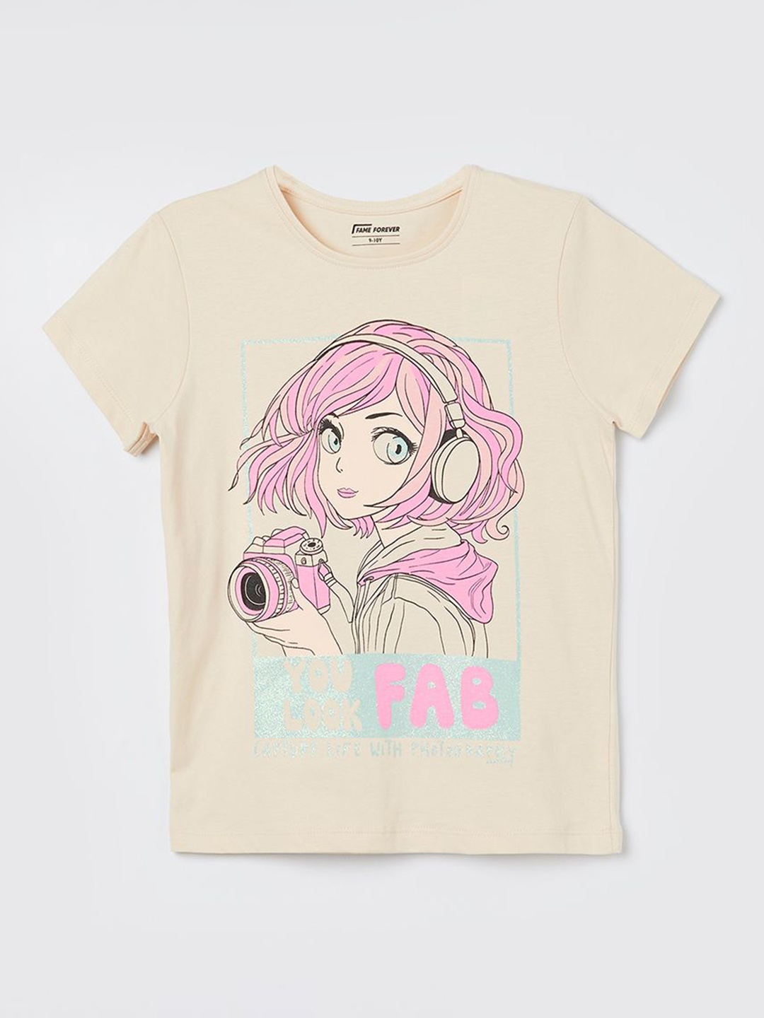 

Fame Forever by Lifestyle Girls Graphic Printed Round Neck Cotton T-shirt, Beige