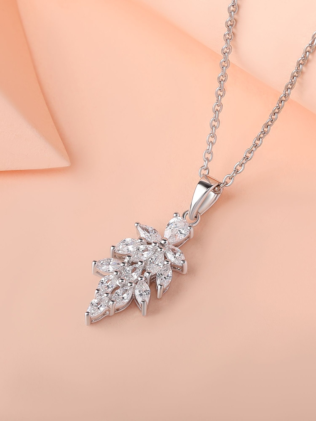 

Ornate Jewels 925 Sterling Silver Rose Gold-Plated CZ Studded Leaf Pendants With Chain