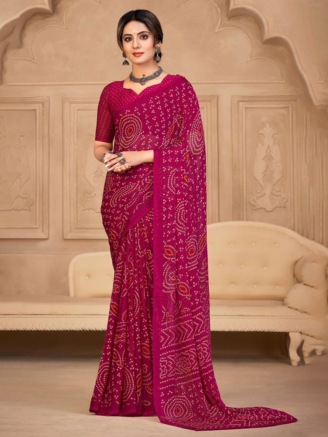 

DURGA EMPORIO Bandhani Printed Pure Chiffon Bandhani Saree, Pink