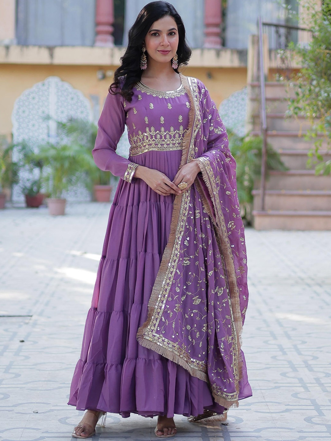 

JATRIQQ Women Sequin Embellished Ethnic Dress With Dupatta, Purple