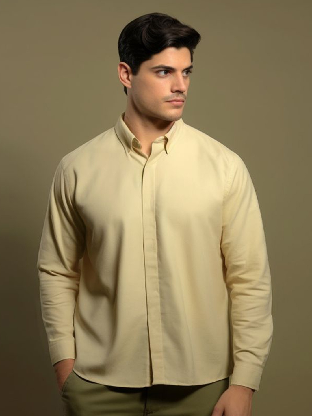 

HE SPOKE Men Smart Fit Spread Collar Solid Casual Shirt, Cream