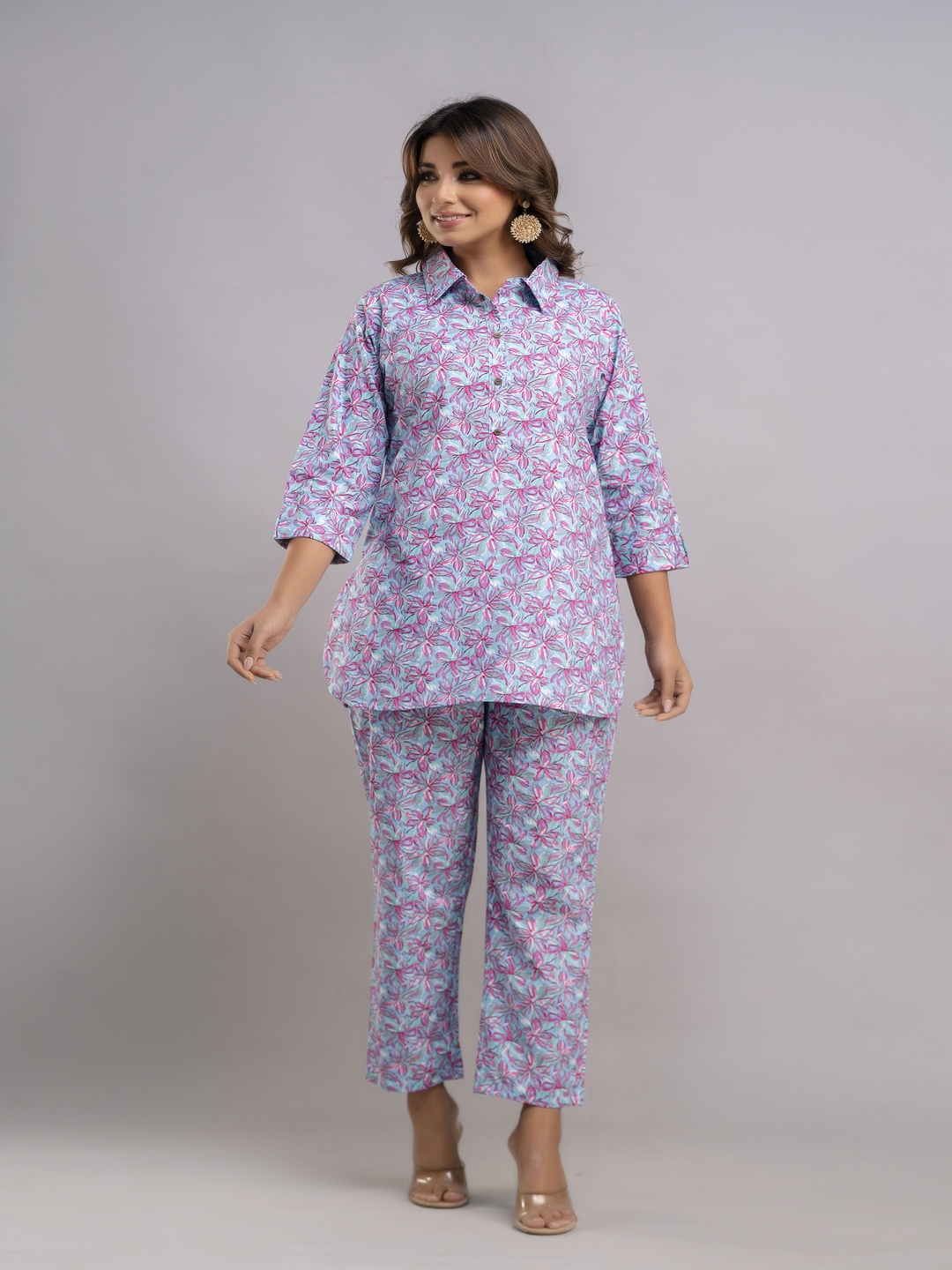 

Malia Floral Printed Shirt Collar Pure Cotton Tunic With Trousers, Blue