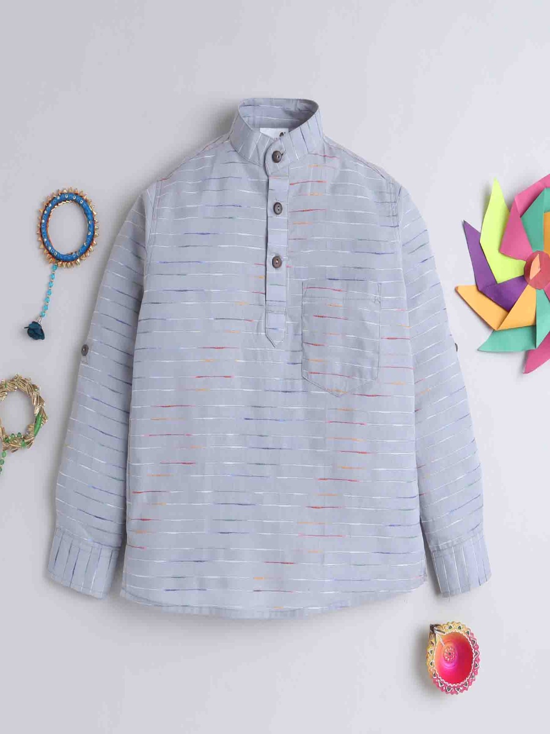 

BAATCHEET Boys Striped Printed Band Collar Rolled-Up Sleeves A-Line Pure Cotton Kurta, Blue