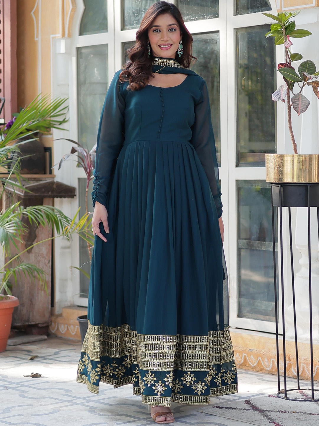 

JATRIQQ Round Neck Fit And Flared Maxi Gown With Dupatta, Teal