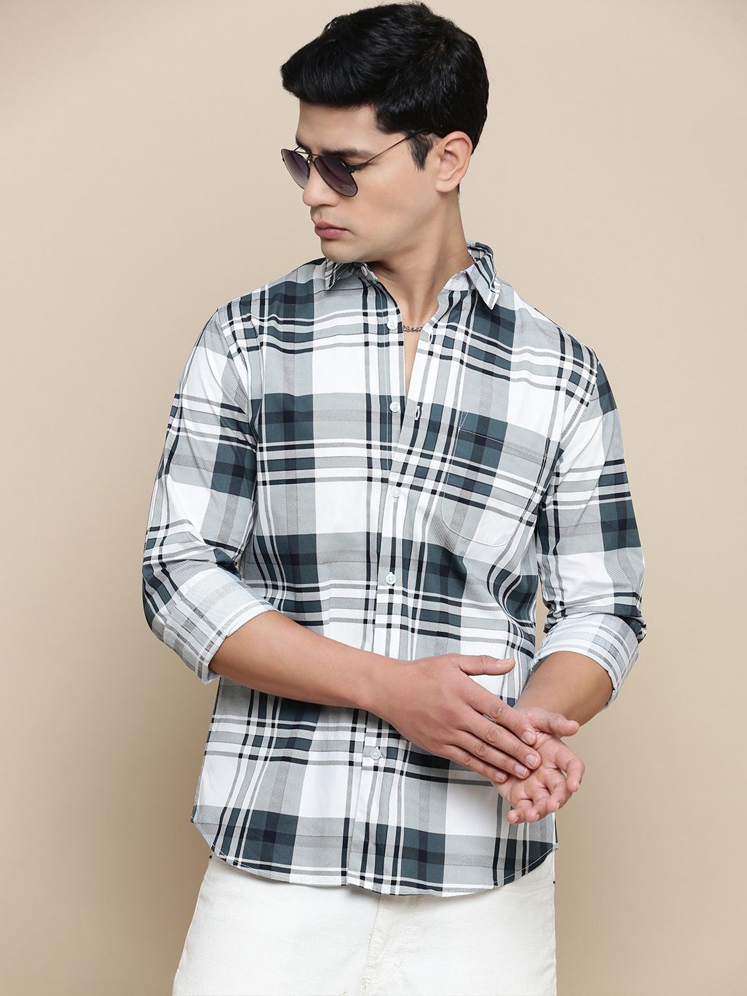 

INVICTUS Men Sport Slim Fit Spread Collar Tartan Checked Cotton Casual Shirt, Teal