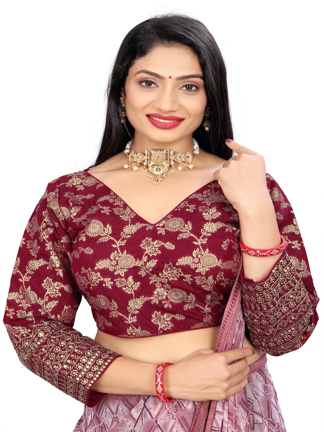 

HERE&NOW Embroidered V Neck Saree Blouse, Maroon